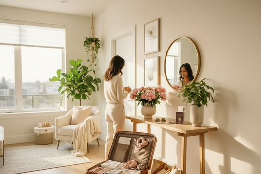 A woman preparing to leave for a weekend away in a bright elegant apartment entrance, with a packed suitcase, fresh pink flowers and travel essentials neatly arranged — Gentle Savvy lifestyle.